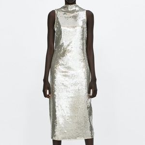 Zara silver sequin midi dress NWT